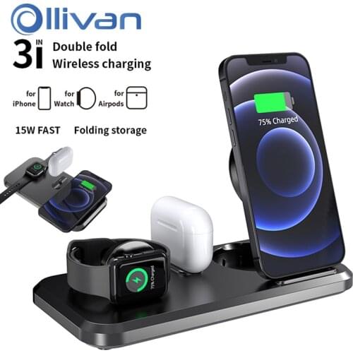 15W Qi Fast Wireless Charger Stand 3 in 1 Foldable Charging Dock Station For Apple Airpods Pro iWatch Charger For Samsung Xiaomi