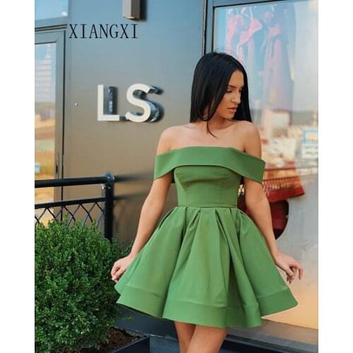 Sky Green Homecoming Dress 2020 Satin A-Line Off The Shoulder Knee Length Graduation Dresses Short Party Gowns Homecoming Dress