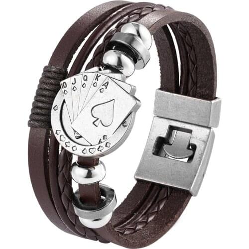 2020 Lucky Vintage Mens Leather Bracelet Playing Cards Charm Multilayer Braided Women Bracelets Valentines Gift Pulseira TZ608