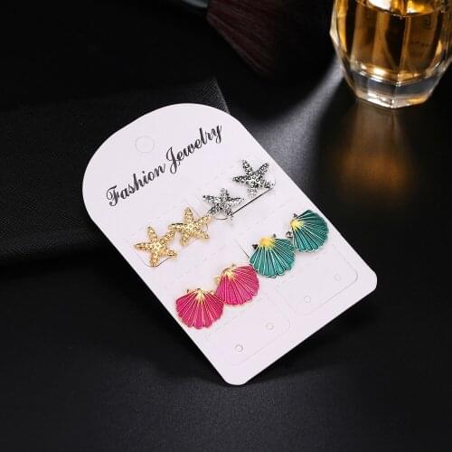 4 Pairs/set Hot Fashion Simple Green Red Shell Stud Earrings For Women Brincos Vintage Starfish Earrings Girl Gifts