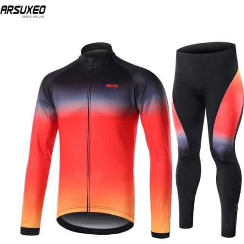 ARSUXEO Cycling Jersey Sets Padded Pants Winter Warm Fleece Long Sleeve MTB Bicycle Clothes Sportswear Bike Uniform ZFX
