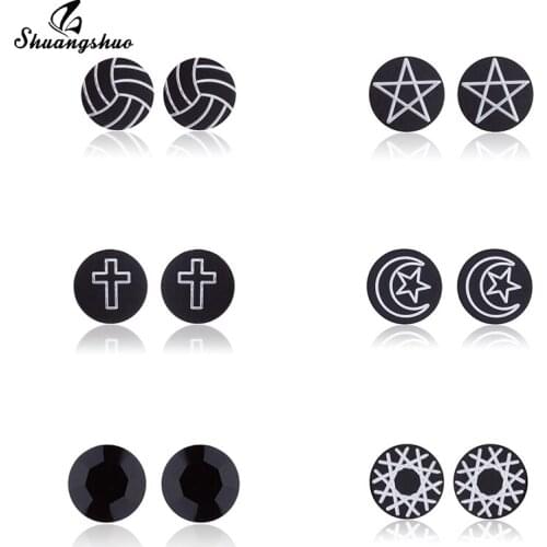 Shuangshuo Black Vintage Earring Male Mini Rock Round Stud Earrings for Women Men Stainless Steel Jewelry Best Boyfriend Gifts