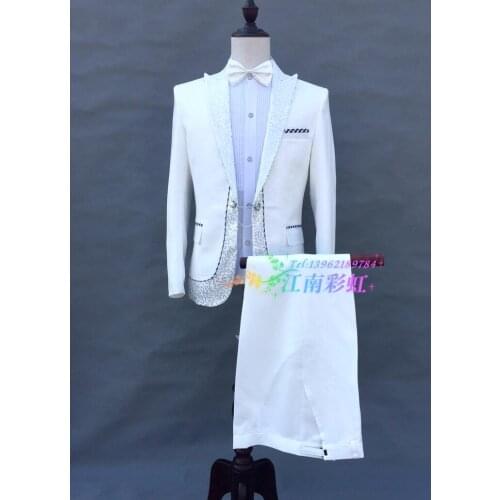 Black white 2020 new arrival stage slim men sequins suit set with pants mens wedding suits formal dress mens groom suit + pant