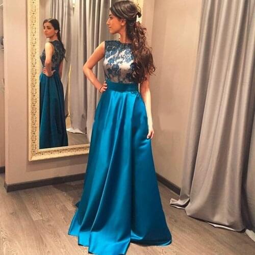 Formal Long Prom Dresses New Arrival Lace Satin Blue Simple Dress Party Gowns robe de soiree vestidos de formatura azul