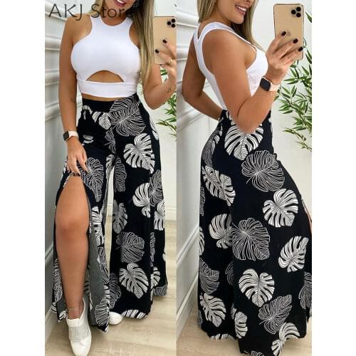 Two Piece Suit Sets Summer Solid Cut-out Tank Top & Print Split Wide Leg Pants Set