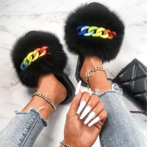 Hot Sale Summer Women Fox Fur Slippers Furry Slippers Designer Fur Slides Girls Black Fur Slides Gorgeous Big Fur Slides Sandal