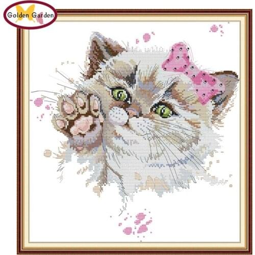 GG Cute Cat Joy Sunday Animal Cross Stitch Embroidery Needlework Pattern 11CT14CT Cotton Canvas Cross Stitch Set for Home Decor