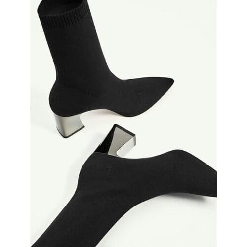 Autumn And Winter New Boots Pointed Square Heel Boots Fashion Wild Knit Boots Elastic Boots Woman Chelsea Boots Plus size 34-40