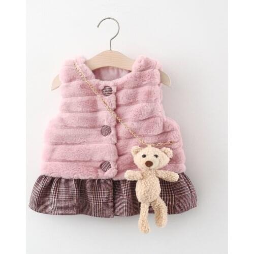 Girls coat thick furry striped vest baby girls cardigan princess warm vest jacket plaid autumn and winter 2021 girls clothing