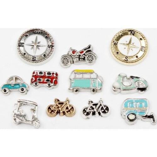 20pcs/lot Cars Compasses Motorcycles Buses Enamels Vehicle Floating Charms For Glass Lockets Memory Pendant Jewelry