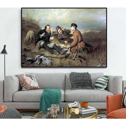Painting posters and engravings by Vasilij Perov hunters on the resting canvas.Picture of the Mural in the Living Room of Cudros