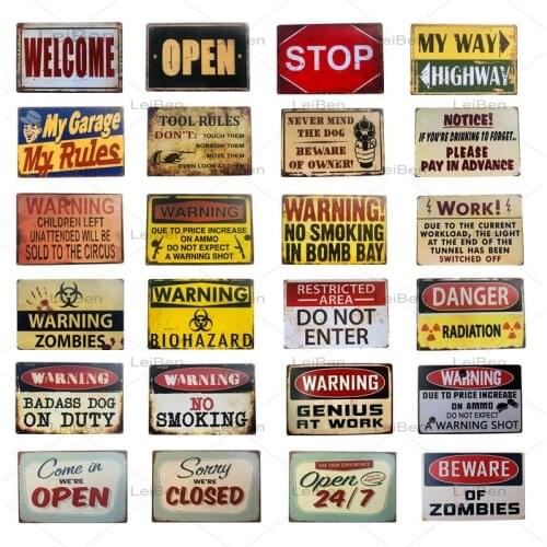 Warning Word Metal Tin Notice Board Open Door Closed Reminder Word Plaque Bar Garage Wall Art Poster Bar Club Home Decor Mural