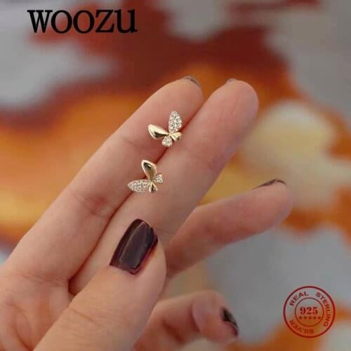 WOOZU 925 Sterling Silver Romantic Crystal Zircon Butterfly Stud Earrings for Women 14k Gold Plated Sweet Korean Party Jewelry