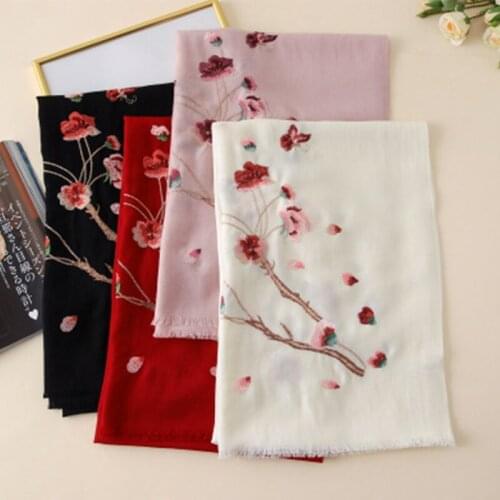 Embroidery 100 Pure Wool Scarf Women Autumn Winter Floral Flowers Spring Long Warm Shawl Wrap Foulard Echarpe