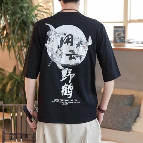 Chinese Style Tops Men Casual Crane Character Printed Tshirt Traditional Kung Fu Wu Shu Tee Wu Tang Clan Clothing Male CN-151