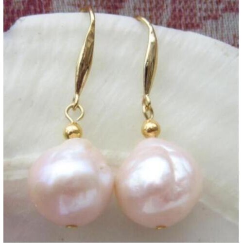Gorgeous AAA+++ 12mm natural south sea gold pink baroque pearl earrings 14k/20 gold
