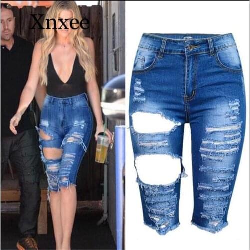 Large Size Womens Short Jeans Europe Style Vintage High Waist Ripped Denim pants Luxury Slim Casual Short Jeans Knee Length