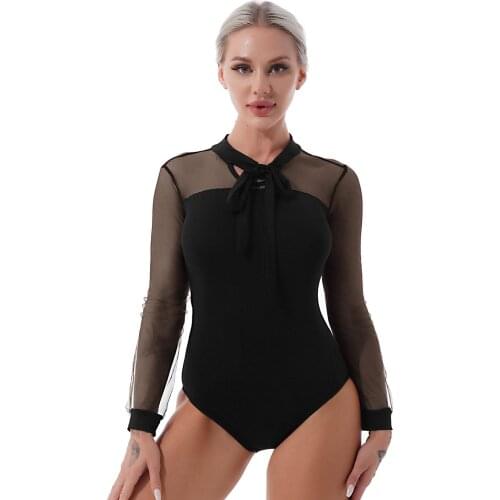 Women Casual Dancing Jumpsuit Gymnastics Dancewear Stretchy Leotard Summer See-through Mesh Long Sleeve Open Crotch Bodysuit Top