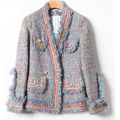 Elegant Colorful Blue Women Pearl Buttons Tweed Jacket Fringe Trims Tassel Jackets Outerwear Office Lady OL Formal V-Neck Coats