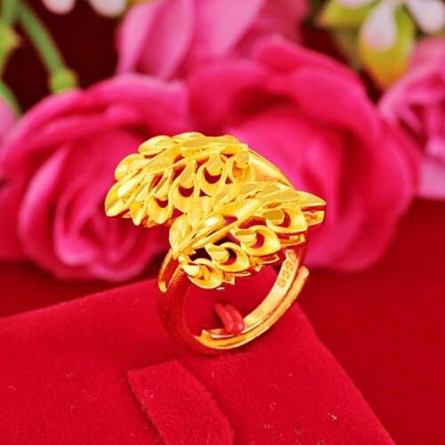 Double-Leaf Pattern Ring Band Yellow Gold Filled Fashion Womens Ring Wedding Party Jewelry Gift