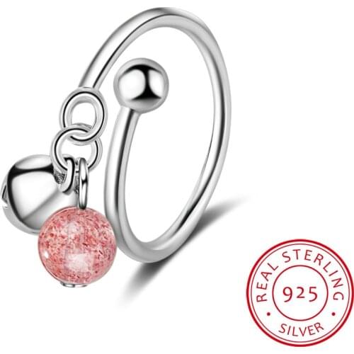 100% 925 Solid Real Sterling Silver Strawberry Crystal Bead Bell Opening Ring 6 7 8 For Women Creative Cute Style Girl Jewelry