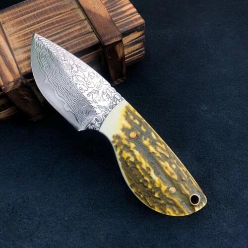59HRC Pocket Damascus Steel Straight Knife Imitation Antler Handle Outdoor Utility Knives Hunting Cutter Camping Tool