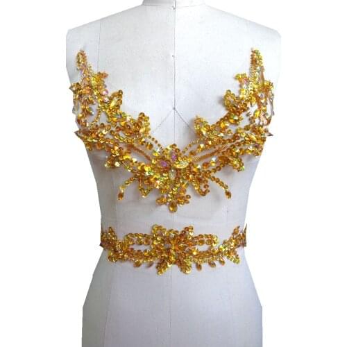 A92 Pure hand made sew on Rhinestones applique Golden crystals patches 29*26cm/38*7cm for dress DIY dress accessory