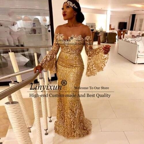 Asoebi Style 2021 New Prom Dresses Long Sleeve Gold Lace Evening Dress Illusion Neck Mermaid Arabic African Formal Gowns Custom