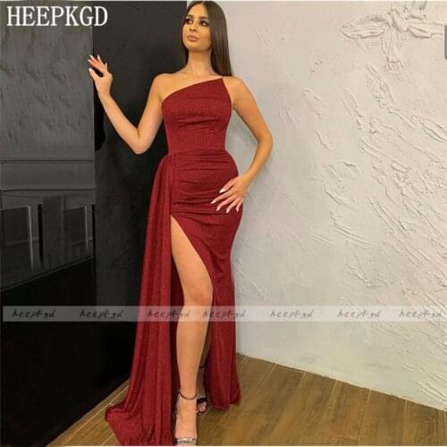 Shiny Burgundy Long Sexy Evening Dress High Slit Strapless Plus Size Women Prom Gowns Charming Special Occasion Dresses Cheap
