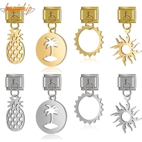 Hapiship Original Daisy Pineapple Star Coconut Tree Round HAND Charm Links Fit 9mm Bracelet Stainless Steel Jewelry Making DJ237