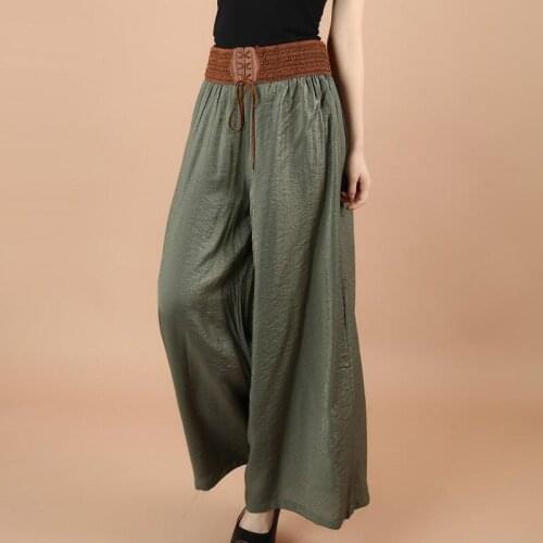 Cotton Linen Soft Wide Leg Women Pants Elastic Waist Ankle-Length Solid Color Summer Loose Trouser 90CM Pantalon Femme