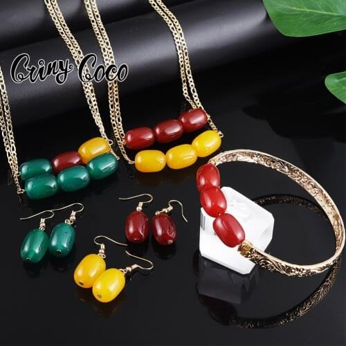 Cring Coco Acrylic Jewelry Sets Wholesales Female Gold Plated Resin Bracelets Trendy Bead Earrings Necklaces Set for Women 2021