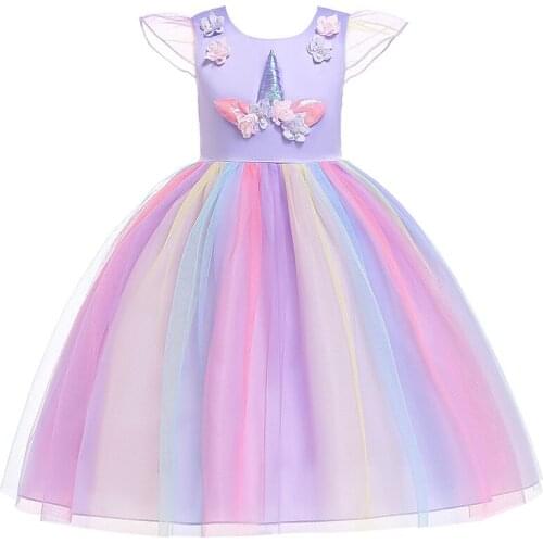 Children Princess Girls Dresses Kids 3D Unicorn Rainbow Tulle Party Wedding Ball Gown Formal Girls Communion Dress