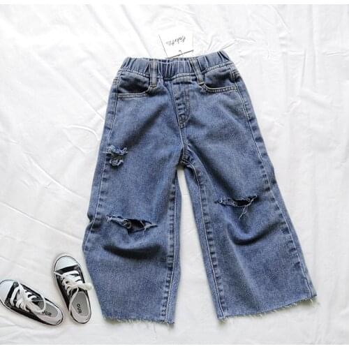 Thunderers Jeans For Girls 2020 Autumn All-match Hole Wide-leg Pants 2-7 Years Retro Denim Pants