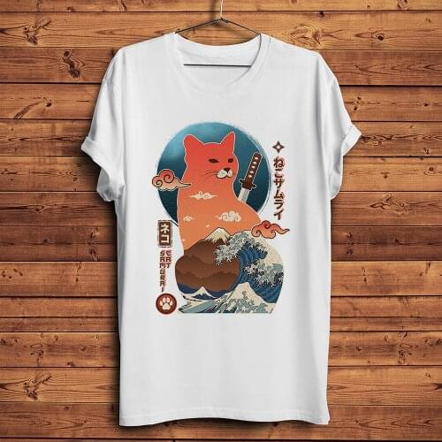 Kawaii Neko cat Samurai ninja funny anime t shirt men summer new white casual short sleeve tshirt unisex streetwear tee