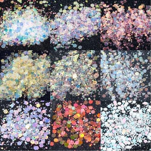 50G Holographic Mixed Hexagon Shape Chunky Nail Glitter Silver Sequins Laser Sparkly Flakes Slices Manicure Nails Art Decoration