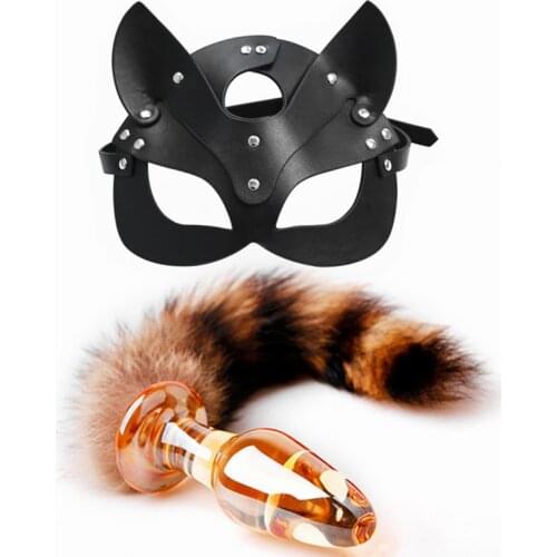 PU Blindfold Glass Anal plug Fox tail Sex games Head Mask bdsm Bondage Gear Halloween Half Face Mask Roleplay Sex Toys For Women