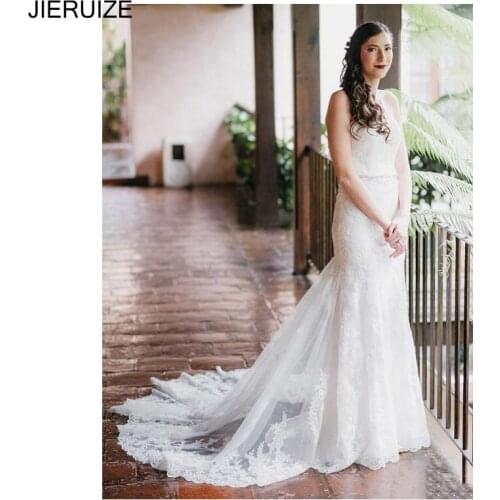 JIERUIZE Sweetheart Mermaid Wedding Dresses Crystal Sash Long Lace Backless Sheath Bridal Dresses Appliques robe de mariee
