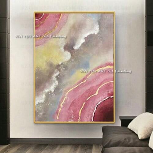 Painted By Skill Artist 100% Handmade New Large Pink Oil Painting Modern Abstract Gold Foil Wall Picture Home Decor