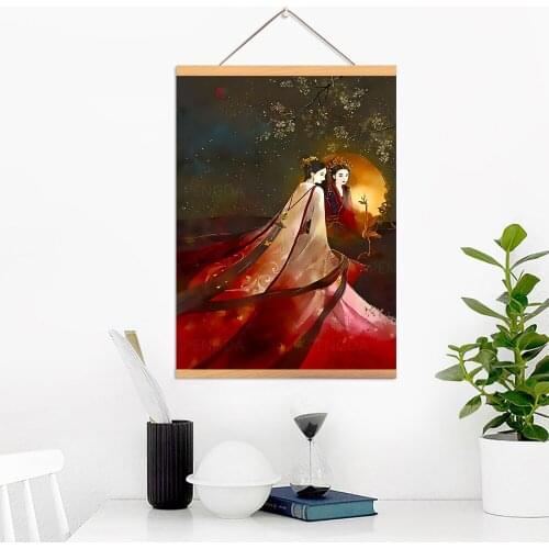 Nordic Canvas Picture Couple Anime View Home Decor Print Tree Wooden Scroll Hanging Painting Wall Art Posters For Living Room