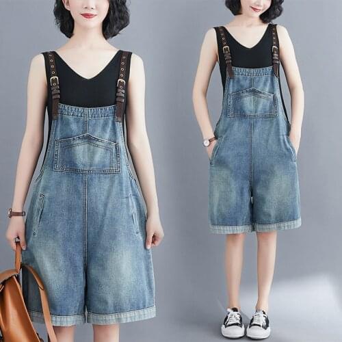 Half Denim Overall Shorts Women 2020 Summer New Korean Style Large Size Straps Loose Thin Wide-Leg Jumpsuit Rompers Fashion