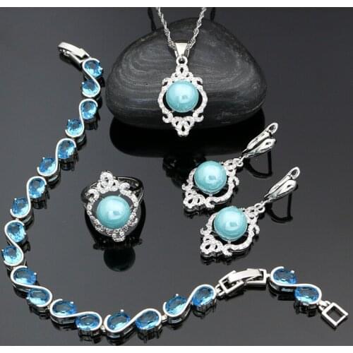 Cubic Zirconia 925 Silver Blue Pearls Jewelry Sets for Bride Wedding Pearl Earrings Ring Pendant Necklace Bracelet