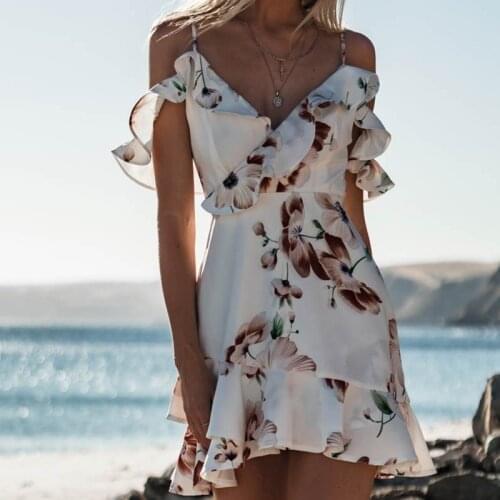 Summer Women V-Neck Sleeveless Dress Straps Beach Floral Printed Shirt Boho Mini Sundress Chiffon Bandage Dresses