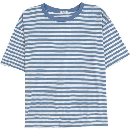 Retro milk blue striped summer o neck loose short sleeve T-shirt
