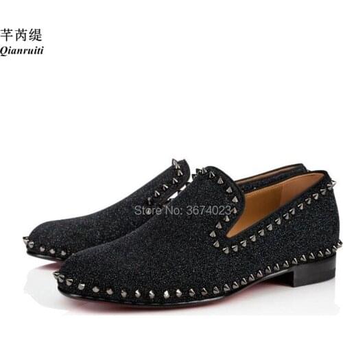 Qianruiti Men Black Bling Loafers Men Dress Shoes Rivets Studs Flats Slip-on Wedding Shoes Italian Fashion Party Shoes Men