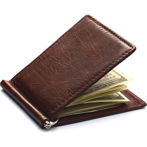Genuine Leather Mens Vintage Money Clip Male Bifold Purse Simple Billfold Wallet Men Clamp Slim Cash Purse Card Holder