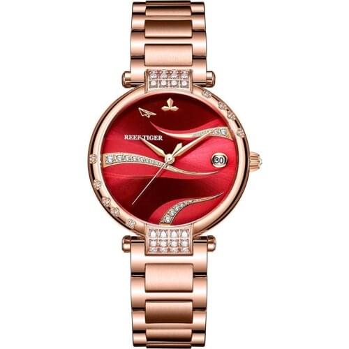 Reef Tiger/RT New Arrival Red Dial Women Fashion Watch Stainless Steel Bracelet Automatic Movement Rose Gold Case RGA1589