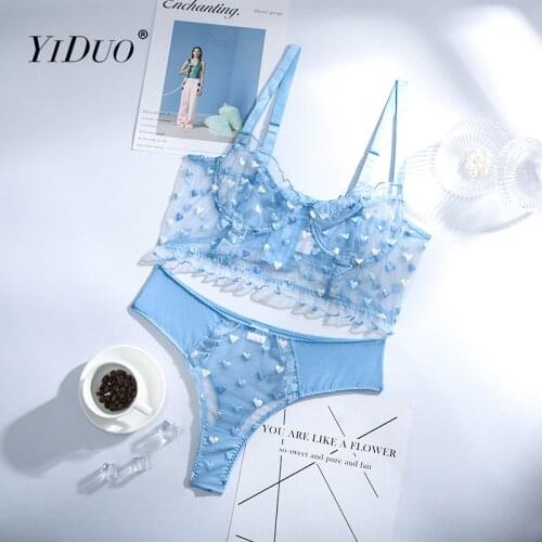 YiDuo Perspective Love Heart Embroidery Erotic Mesh Lingerie Set Ruffled Sexy Push Up Bra Set Women 2 Piece Blue Underwear Suit
