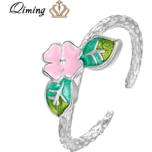 QIMING fashion Bohemia Rings Women Female Pink Flower Green Leave Leaf Korean Jewelry Adjustable Wedding fashion Ring Girls Gift