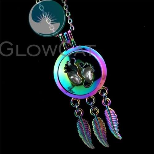 R-C785 Rainbow Color Baby Foot Print Dream Catcher Beads Cage Pendant Perfume Diffuser Aromatherapy Pearl Cage Locket Necklace